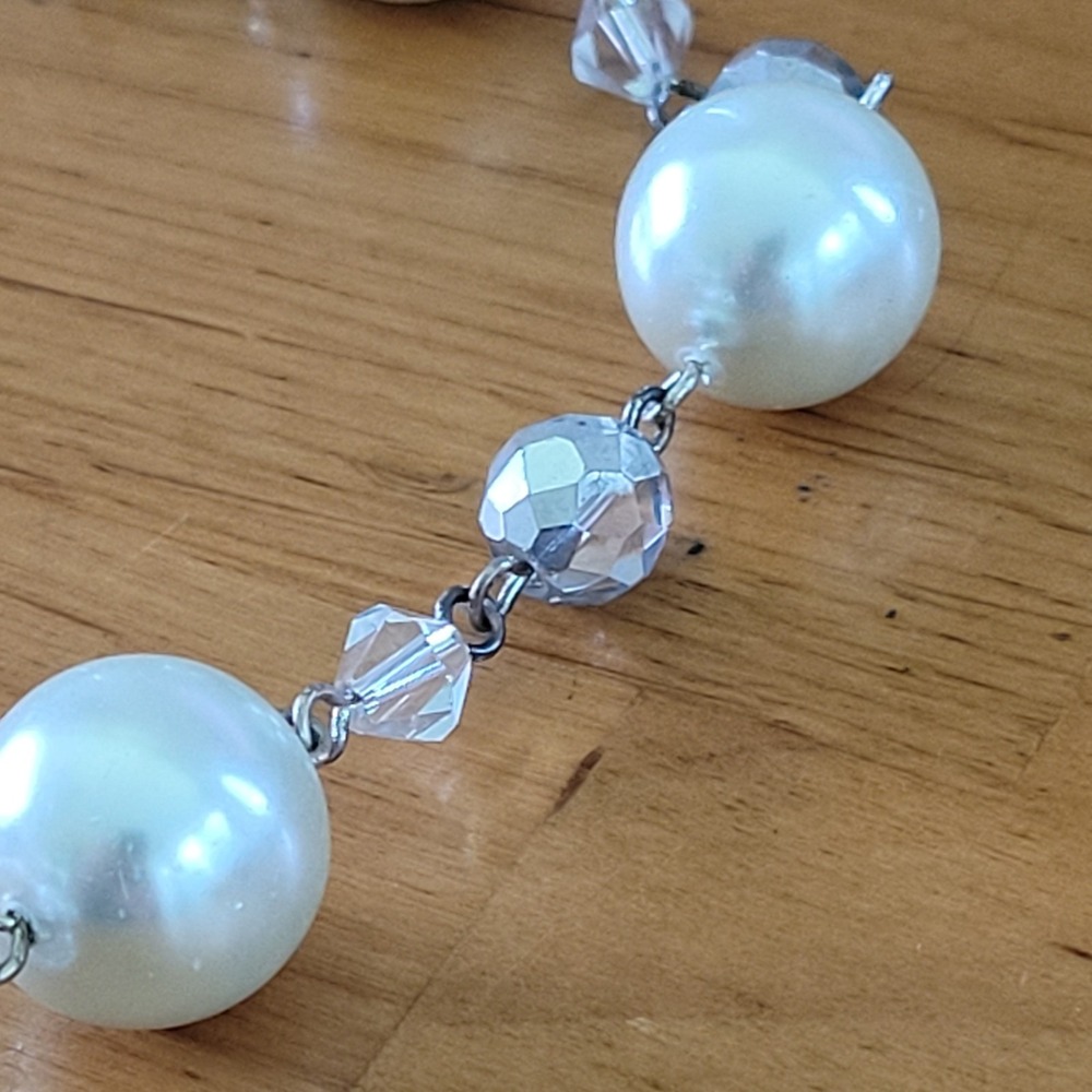 Vintage Oversized Faux Pearl Faceted Crystal Bead Necklace 16in 43g